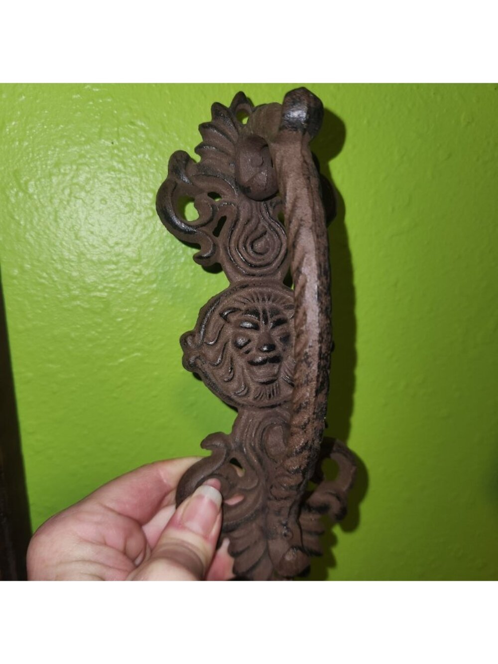 Large Lion Face Door Handle Pull Cast Iron Antique Brown 9"